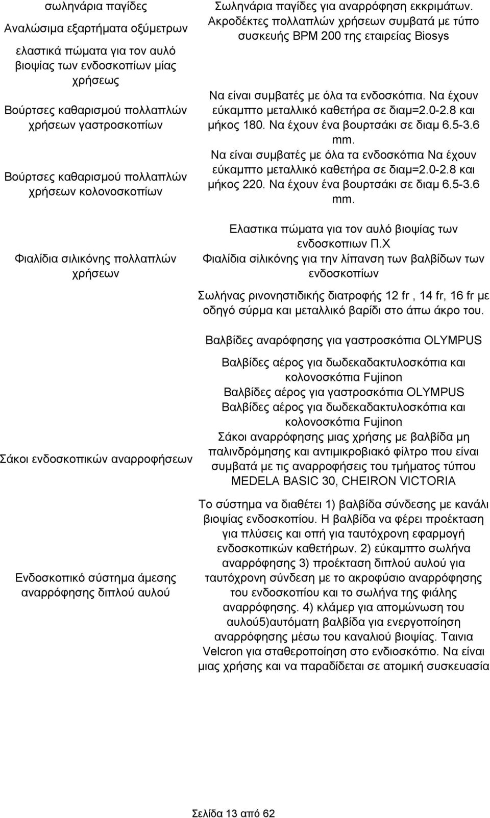 Ακροδέκτες πολλαπλών χρήσεων συμβατά με τύπο συσκευής BPM 200 της εταιρείας Biosys Να είναι συμβατές με όλα τα ενδοσκόπια. Να έχουν εύκαμπτο μεταλλικό καθετήρα σε διαμ=2.0-2.8 και μήκος 180.