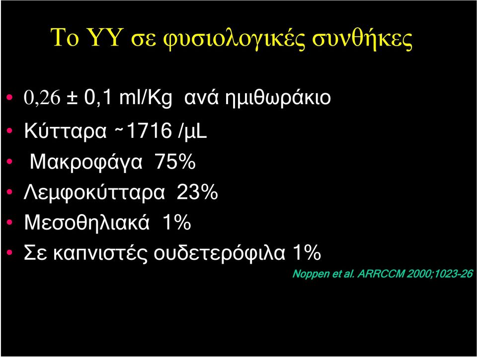 Μακροφάγα 75% Λεμφοκύτταρα 23% Μεσοθηλιακά 1%