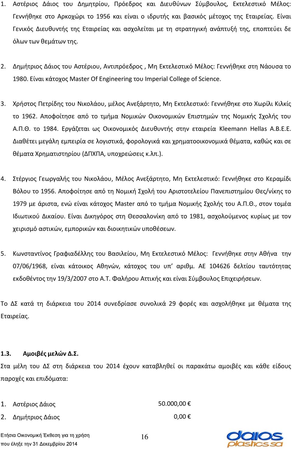 Δημήτριος Δάιος του Αστέριου, Αντιπρόεδρος, Μη Εκτελεστικό Μέλος: Γεννήθηκε στη Νάουσα το 1980. Είναι κάτοχος Master Of Engineering του Imperial College of Science. 3.