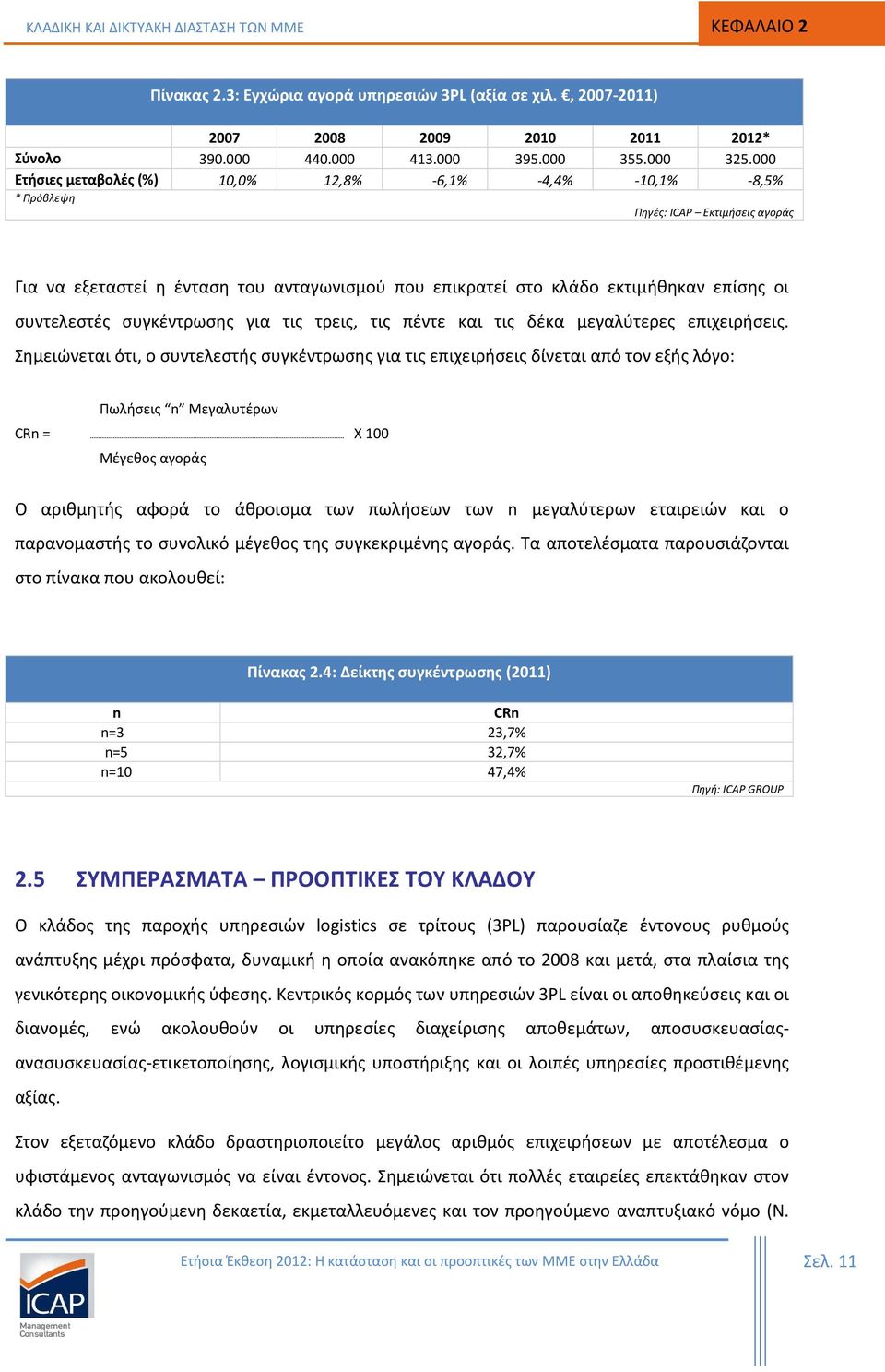 συντελεστές συγκέντρωσης για τις τρεις, τις πέντε και τις δέκα μεγαλύτερες επιχειρήσεις.