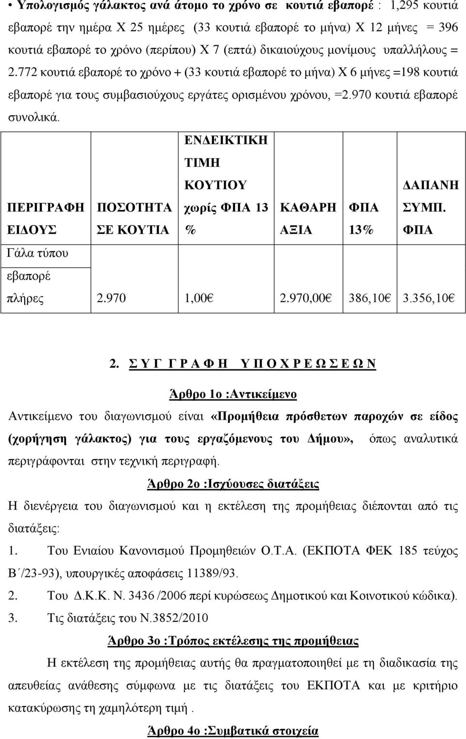 970 κουτιά εβαπορέ συνολικά. ΕΝΔΕΙΚΤΙΚΗ ΤΙΜΗ ΠΕΡΙΓΡΑΦΗ ΕΙΔΟΥΣ Γάλα τύπου εβαπορέ πλήρες ΚΟΥΤΙΟΥ ΠΟΣΟΤΗΤΑ χωρίς ΦΠΑ 13 ΚΑΘΑΡΗ ΦΠΑ ΣΕ ΚΟΥΤΙΑ % ΑΞΙΑ 13% ΔΑΠΑΝΗ ΣΥΜΠ. ΦΠΑ 2.970 1,00 2.970,00 386,10 3.