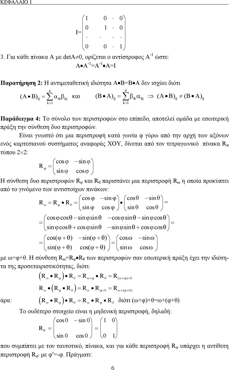 ij ik kj ij ij k= Παράδειγμα 4: Το σύνολο των περιστροφών στο επίπεδο, αποτελεί ομάδα με εσωτερική πράξη την σύνθεση δυο περιστροφών.