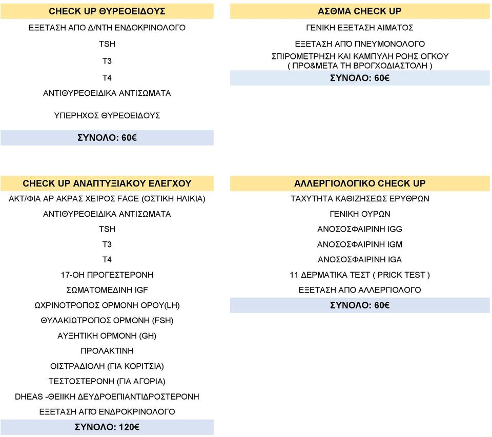 TSH ΑΝΟΣΟΣΦΑΙΡΙΝΗ IGG T3 ΑΝΟΣΟΣΦΑΙΡΙΝΗ IGM Τ4 ΑΝΟΣΟΣΦΑΙΡΙΝΗ IGA 17-ΟΗ ΠΡΟΓΕΣΤΕΡΟΝΗ 11 ΔΕΡΜΑΤΙΚΑ ΤΕΣΤ ( PRICK TEST ) ΣΩΜΑΤΟΜΕΔΙΝΗ IGF ΕΞΕΤΑΣΗ ΑΠΟ ΑΛΛΕΡΓΙΟΛΟΓΟ ΩΧΡΙΝΟΤΡΟΠΟΣ ΟΡΜΟΝΗ ΟΡΟΥ(LH)