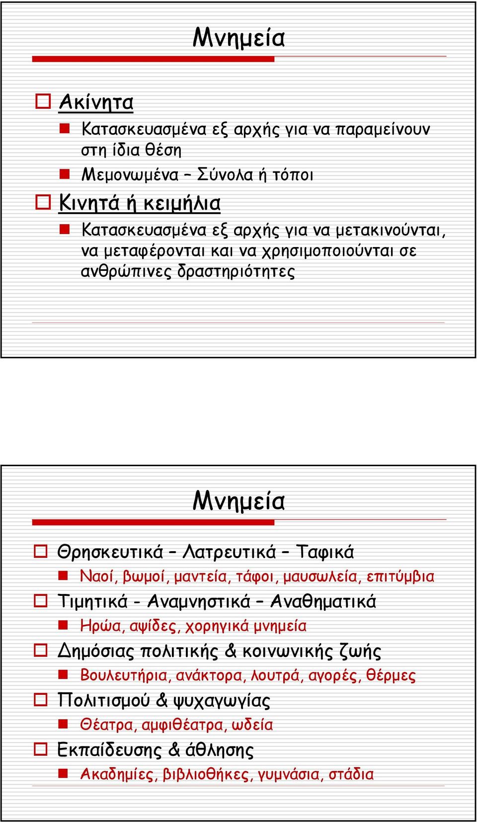 Ταφικά Ναοί, βωµοί, µαντεία, τάφοι, µαυσωλεία, επιτύµβια Τιµητικά - Αναµνηστικά Αναθηµατικά Ηρώα, αψίδες, χορηγικά µνηµεία ηµόσιας πολιτικής &