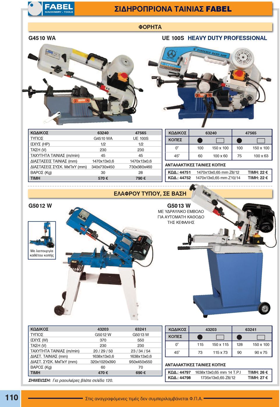 ÌxÐxÕ (mm) 340x730x450 730x380x460 ÂÁÑÏÓ (Kg) 30 28 TIMH 570 790 ΚΩΔΙΚΟΣ 63240 47565 ÊÏÐÅÓ 0 Ï 100 150 x 100 100 150 x 100 45 Ï 60 100 x 60 75 100 x 63 ΑΝΤΑΛΑΚΤΙΚΕΣ ΤΑΙΝΙΕΣ ΚΟΠΗΣ ΚΩΔ.