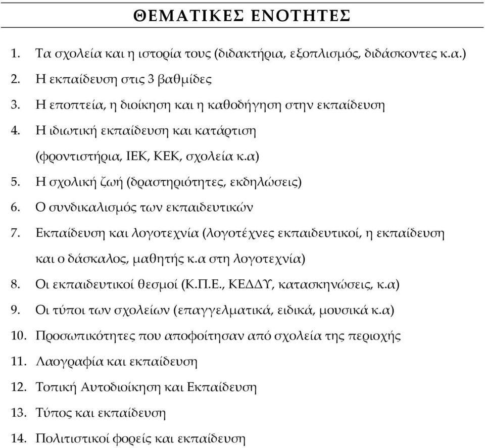 Εκπαίδευση και λογοτεχνία (λογοτέχνες εκπαιδευτικοί, η εκπαίδευση και ο δάσκαλος, μαθητής κ.α στη λογοτεχνία) 8. Οι εκπαιδευτικοί θεσμοί (Κ.Π.Ε., ΚΕΔΔΥ, κατασκηνώσεις, κ.α) 9.