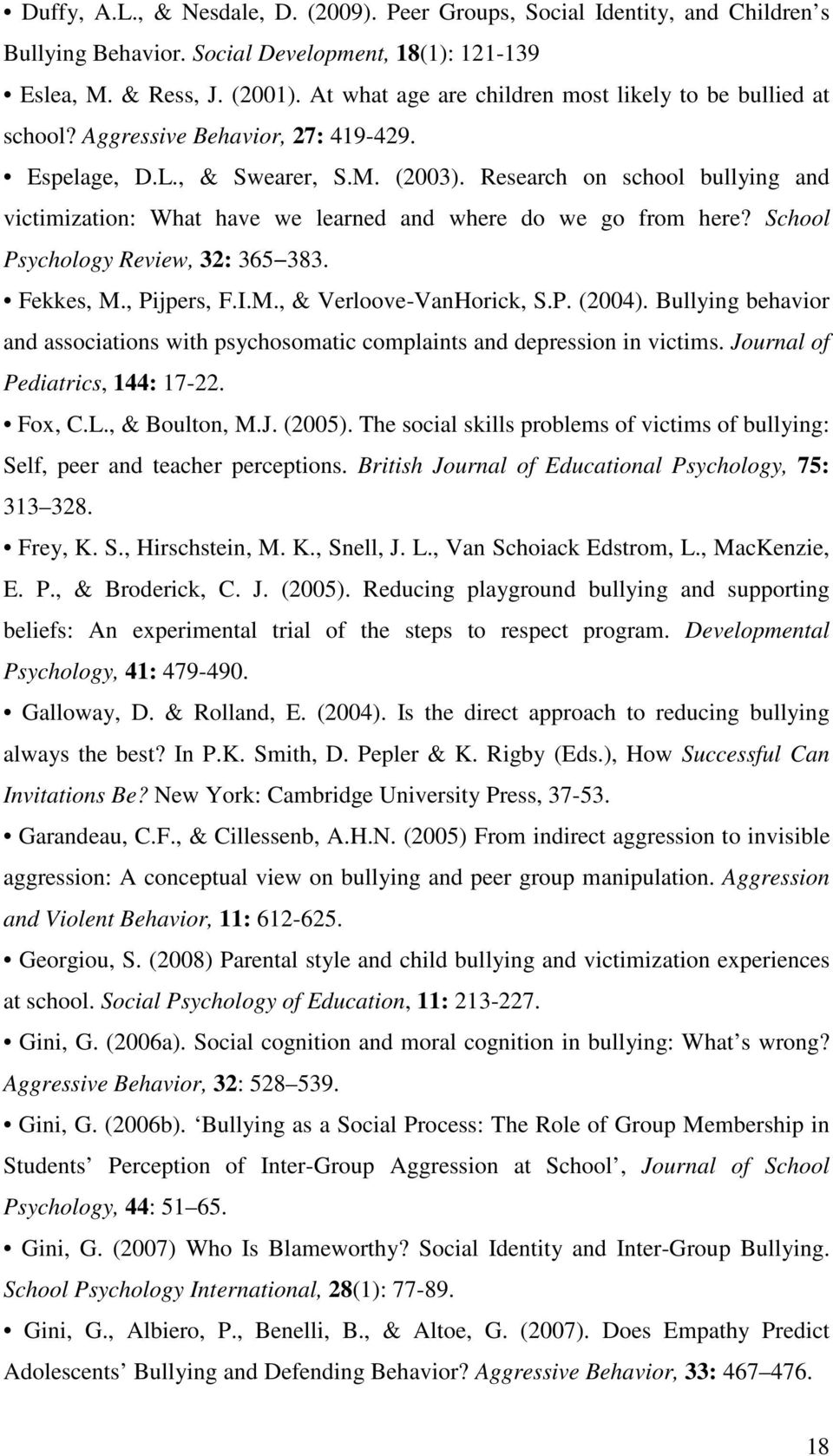 Research on school bullying and victimization: What have we learned and where do we go from here? School Psychology Review, 32: 365 383. Fekkes, M., Pijpers, F.I.M., & Verloove-VanHorick, S.P. (2004).