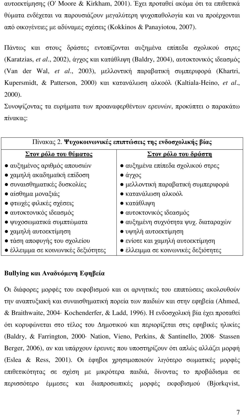 Πάντως και στους δράστες εντοπίζονται αυξηµένα επίπεδα σχολικού στρες (Karatzias, et al., 2002), άγχος και κατάθλιψη (Baldry, 2004), αυτοκτονικός ιδεασµός (Van der Wal, et al.