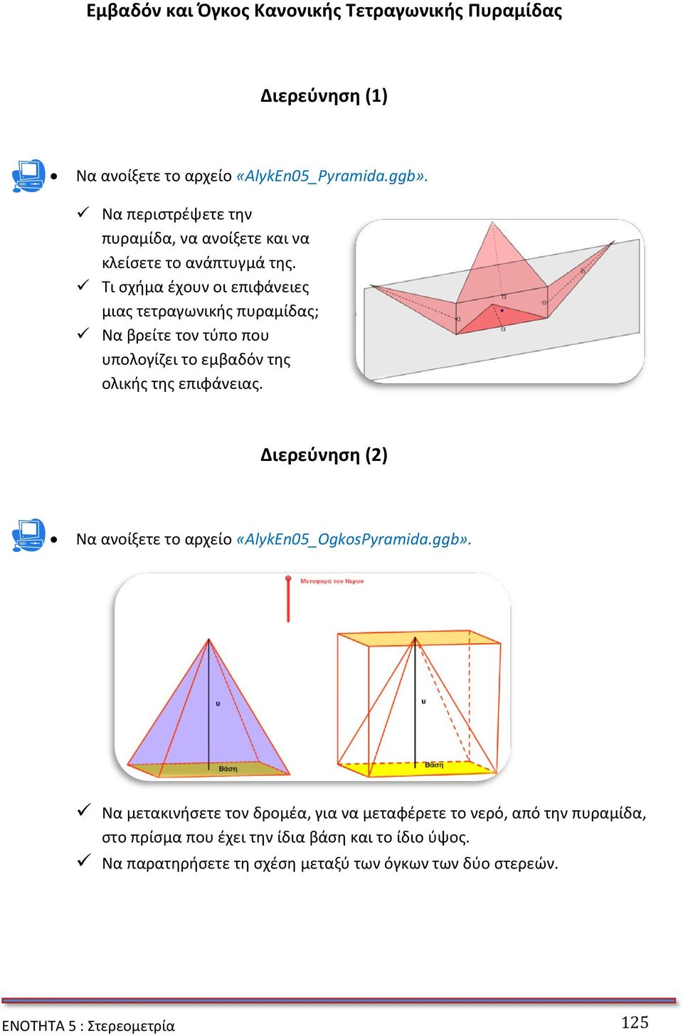 Τι σχήμα έχουν οι επιφάνειες μιας τετραγωνικής πυραμίδας; Να βρείτε τον τύπο που υπολογίζει το εμβαδόν της ολικής της επιφάνειας.