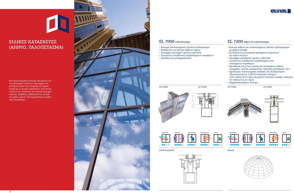 EL 7000 υαλοπέτασμα Σύστημα υαλοπετάσματος υψηλών προδιαγραφών Ενδείκνυται για κάλυψη κάθετων όψεων Προσφέρει προσόψεις υψηλής αισθητικής Δυνατότητα τοποθέτησης προβαλλόμενων παραθύρων Διατίθεται και