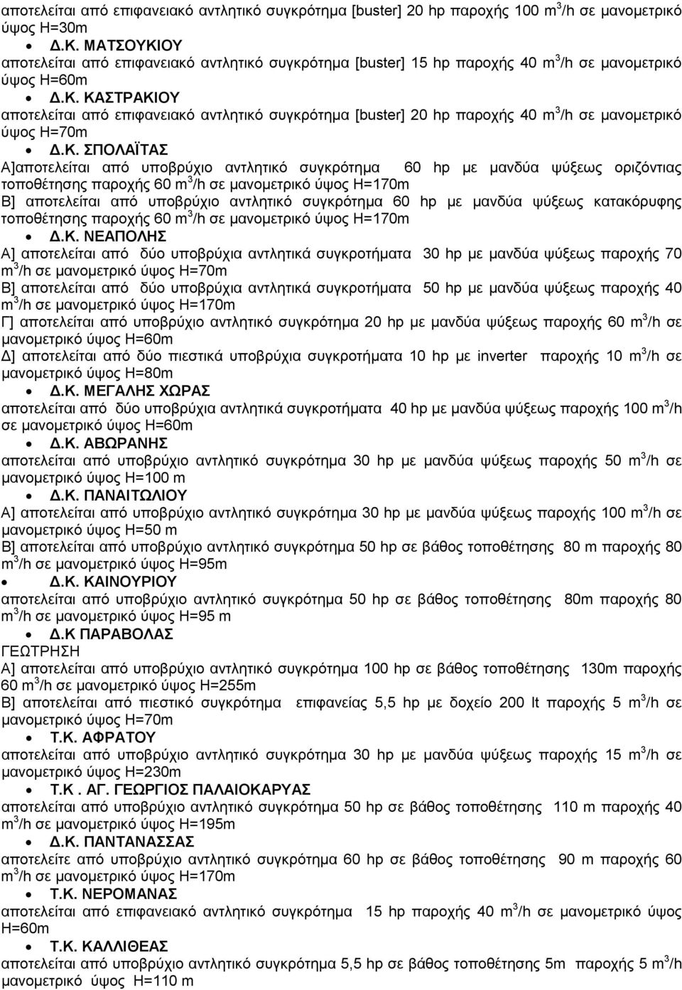 Κ. ΣΠΟΛΑΪΤΑΣ Α]αποτελείται από υποβρύχιο αντλητικό συγκρότηµα 60 hp µε µανδύα ψύξεως οριζόντιας τοποθέτησης παροχής 60 m 3 /h σε µανοµετρικό ύψος H=170m Β] αποτελείται από υποβρύχιο αντλητικό