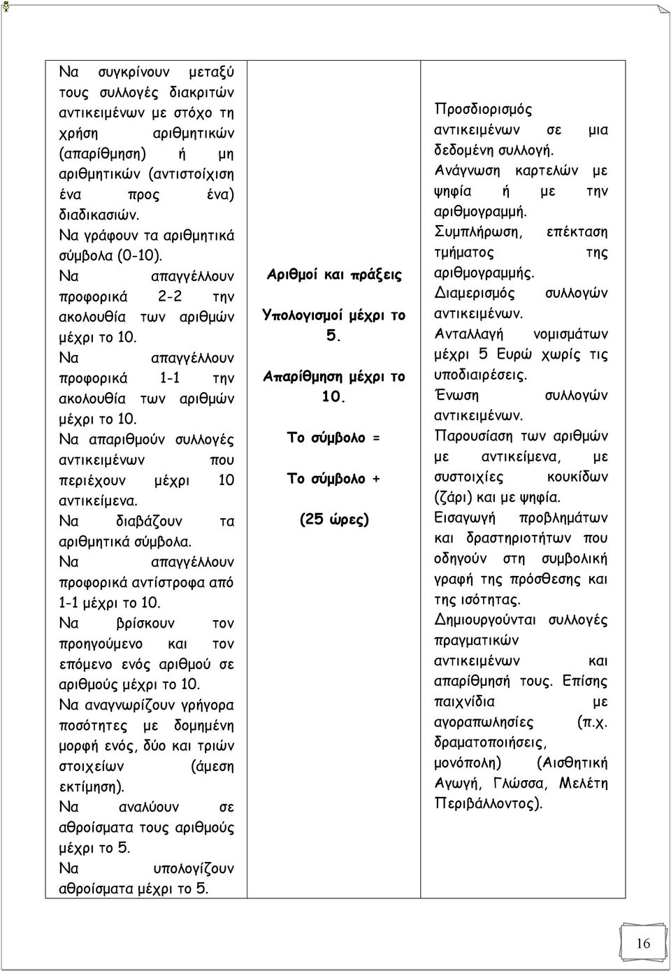 Να απαριθμούν συλλογές αντικειμένων που περιέχουν μέχρι 10 αντικείμενα. Να διαβάζουν τα αριθμητικά σύμβολα. Να απαγγέλλουν προφορικά αντίστροφα από 1-1 μέχρι το 10.