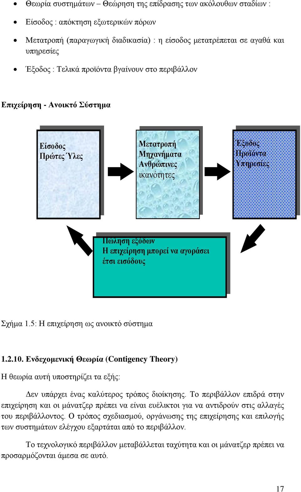 έτσι εισόδους Σχήμα 1.5: Η επιχείρηση ως ανοικτό σύστημα 1.2.10. Ενδεχομενική Θεωρία (Contigency Theory) Η θεωρία αυτή υποστηρίζει τα εξής: Δεν υπάρχει ένας καλύτερος τρόπος διοίκησης.