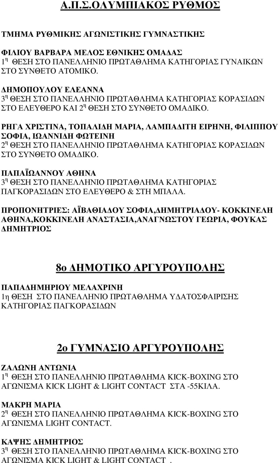 ΡΗΓΑ ΧΡΙΣΤΙΝΑ, ΤΟΠΑΛΙ Η ΜΑΡΙΑ, ΛΑΜΠΑ ΙΤΗ ΕΙΡΗΝΗ, ΦΙΛΙΠΠΟΥ ΣΟΦΙΑ, ΙΩΑΝΝΙ Η ΦΩΤΕΙΝΗ 2 η ΘΕΣΗ ΣΤΟ ΠΑΝΕΛΛΗΝΙΟ ΠΡΩΤΑΘΛΗΜΑ ΚΑΤΗΓΟΡΙΑΣ ΚΟΡΑΣΙ ΩΝ ΣΤΟ ΣΥΝΘΕΤΟ ΟΜΑ ΙΚΟ.