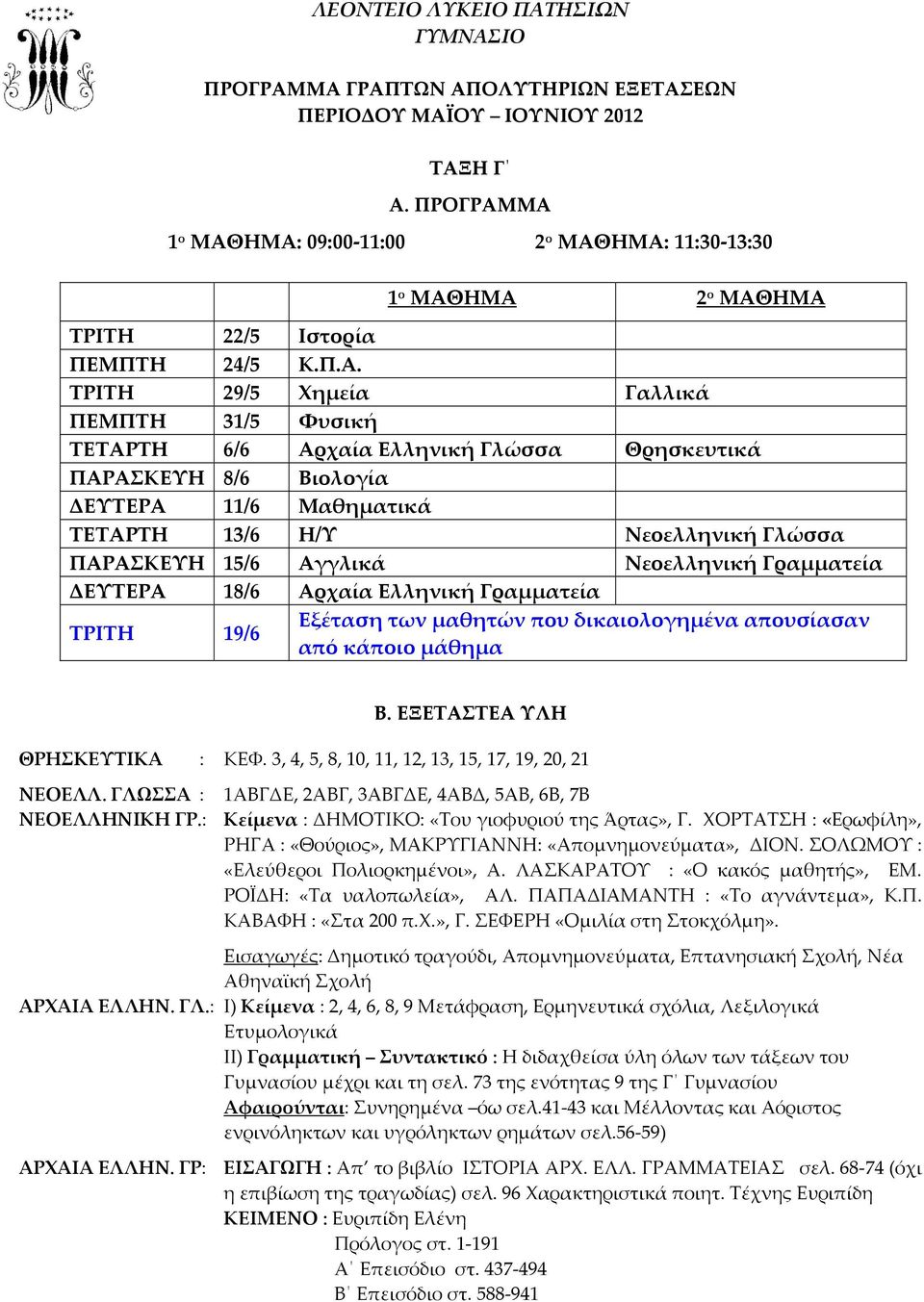 ΜΑ 1 ο ΜΑΘΗΜΑ: 09:00-11:00 2 ο ΜΑΘΗΜΑ: 11:30-13:30 1 ο ΜΑΘΗΜΑ 2 ο ΜΑΘΗΜΑ ΤΡΙΤΗ 22/5 Ιστορία ΠΕΜΠΤΗ 24/5 Κ.Π.Α. ΤΡΙΤΗ 29/5 Χημεία Γαλλικά ΠΕΜΠΤΗ 31/5 Φυσική ΤΕΤΑΡΤΗ 6/6 Αρχαία Ελληνική Γλώσσα