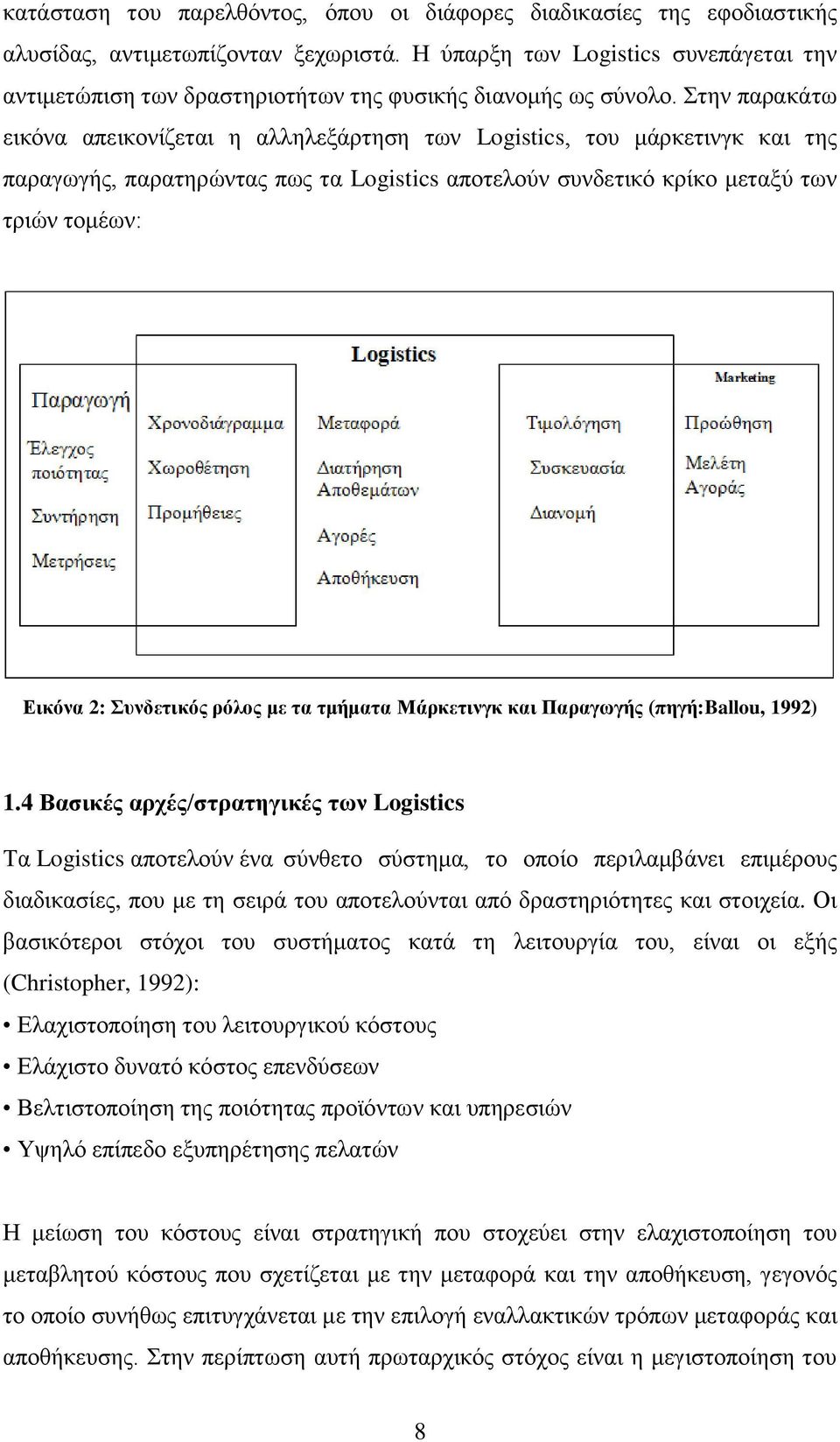 Στην παρακάτω εικόνα απεικονίζεται η αλληλεξάρτηση των Logistics, του μάρκετινγκ και της παραγωγής, παρατηρώντας πως τα Logistics αποτελούν συνδετικό κρίκο μεταξύ των τριών τομέων: Εικόνα 2: