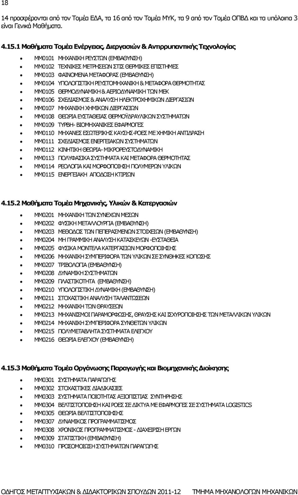 ΜΜ0104 ΥΠΟΛΟΓΙΣΤΙΚΗ ΡΕΥΣΤΟΜΗΧΑΝΙΚΗ & ΜΕΤΑΦΟΡΑ ΘΕΡΜΟΤΗΤΑΣ ΜΜ0105 ΘΕΡΜΟΔΥΝΑΜΙΚΗ & ΑΕΡΙΟΔΥΝΑΜΙΚΗ ΤΩΝ ΜΕΚ ΜΜ0106 ΣΧΕΔΙΑΣΜΟΣ & ΑΝΑΛΥΣΗ ΗΛΕΚΤΡΟΧΗΜΙΚΩΝ ΔΙΕΡΓΑΣΙΩΝ ΜΜ0107 ΜΗΧΑΝΙΚΗ ΧΗΜΙΚΩΝ ΔΙΕΡΓΑΣΙΩΝ ΜΜ0108