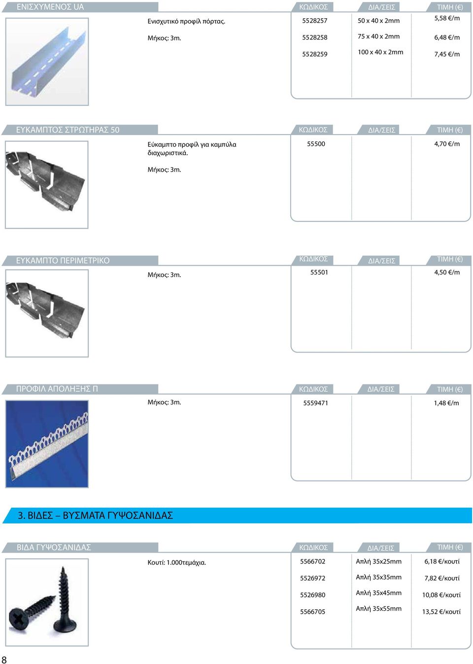 διαχωριστικά. Μήκος: 3m. 55500 4,70 /m ΕΥΚΑΜΠΤΟ ΠΕΡΙΜΕΤΡΙΚΟ Μήκος: 3m. 55501 4,50 /m ΠΡΟΦΙΛ ΑΠΟΛΗΞΗΣ Π Μήκος: 3m. 5559471 1,48 /m 3.