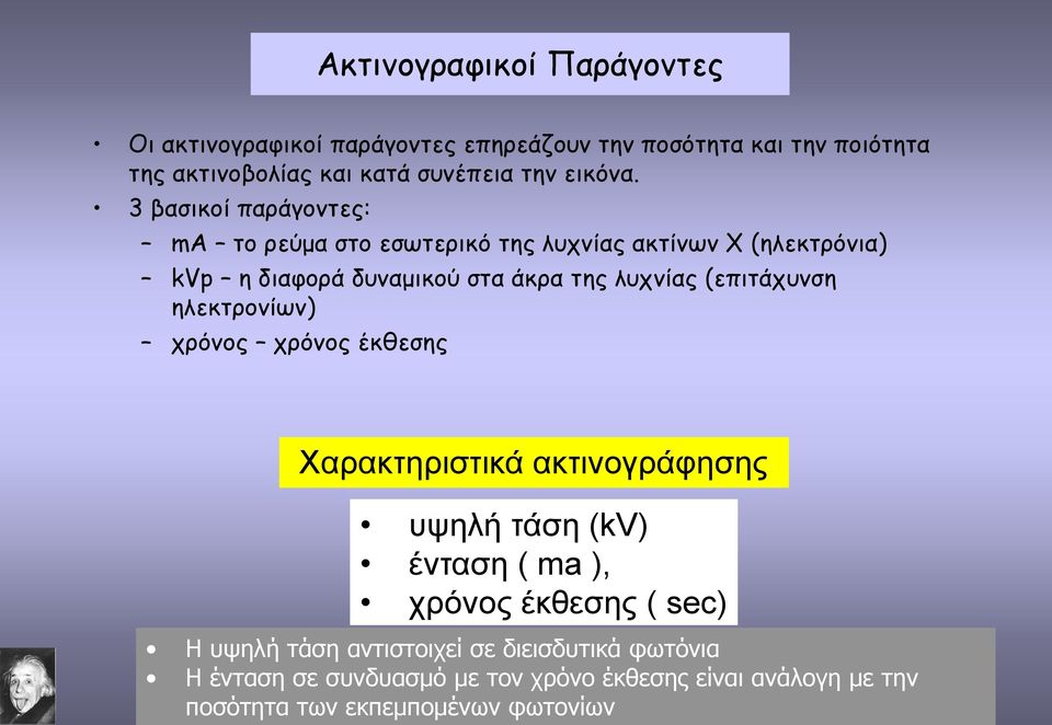 3 βασικοί παράγοντες: ma το ρεύμα στο εσωτερικό της λυχνίας ακτίνων Χ (ηλεκτρόνια) kvp η διαφορά δυναμικού στα άκρα της λυχνίας