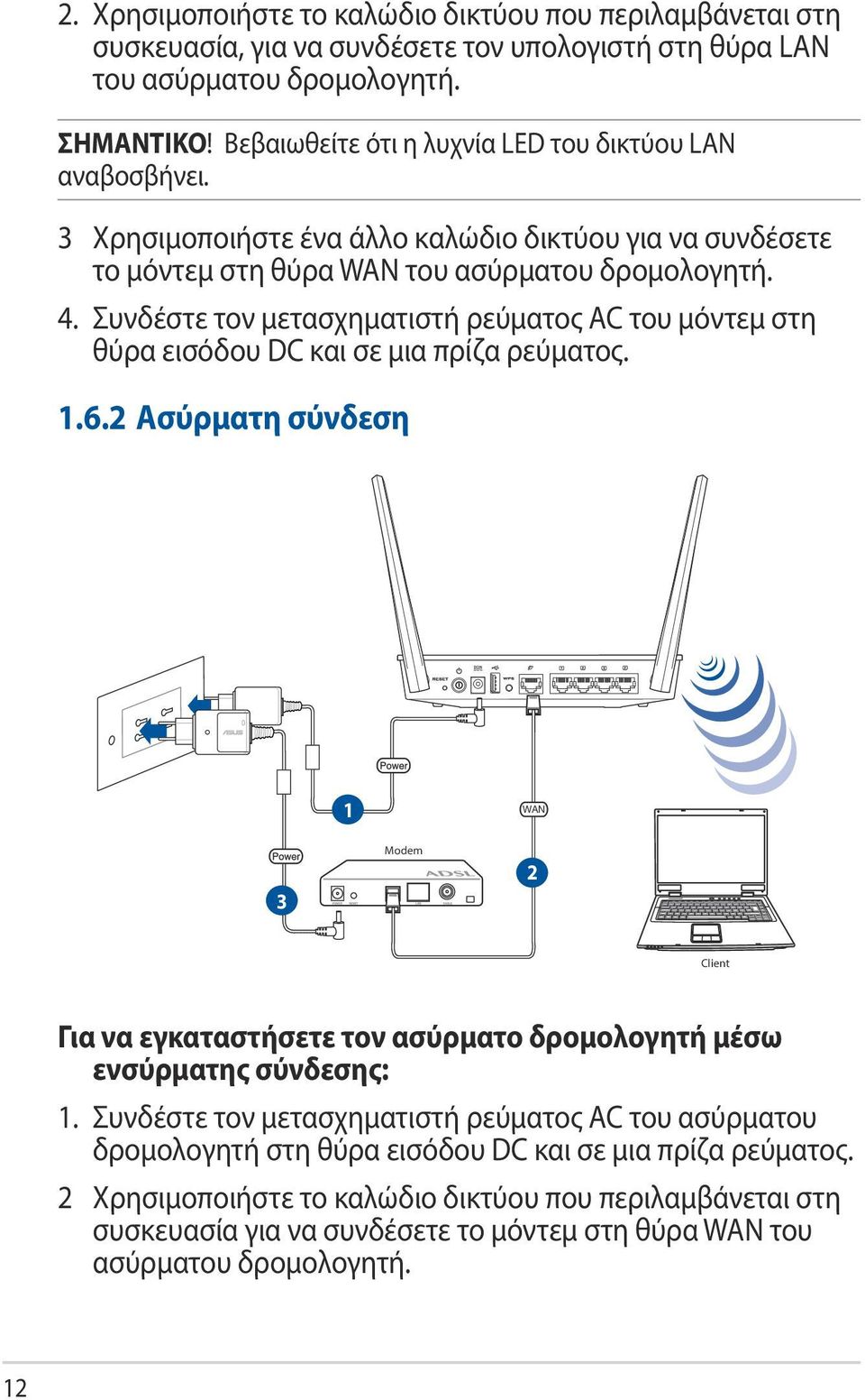 Συνδέστε τον μετασχηματιστή ρεύματος AC του μόντεμ στη θύρα εισόδου DC και σε μια πρίζα ρεύματος. 1.6.