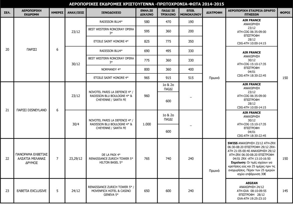 1:10-17:3 0/01 CDG-ATH 18:30-22: 10 21 ΠΑΡΙΣΙ DISNEYLAND 6 30/ NOVOTEL PARIS LA DEFENCE * / RADISSON BLU BOULOGNE * & CHEYENNE / SANTA FE NOVOTEL PARIS LA DEFENCE * / RADISSON BLU BOULOGNE * &