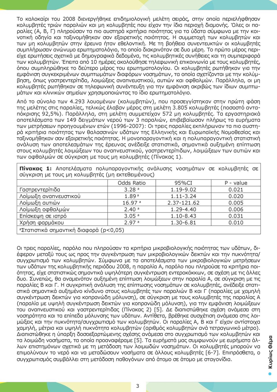 Η συμμετοχή των κολυμβητών και των μη κολυμβητών στην έρευνα ήταν εθελοντική. Με τη βοήθεια συνεντευκτών οι κολυμβητές συμπλήρωσαν ανώνυμο ερωτηματολόγιο, το οποίο διακρινόταν σε δυο μέρη.