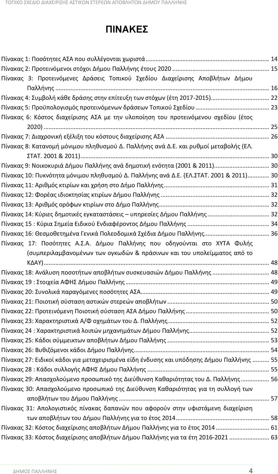 .. 22 Πίνακας 5: Προϋπολογισμός προτεινόμενων δράσεων Τοπικού Σχεδίου... 23 Πίνακας 6: Κόστος διαχείρισης ΑΣΑ με την υλοποίηση του προτεινόμενου σχεδίου (έτος 2020).