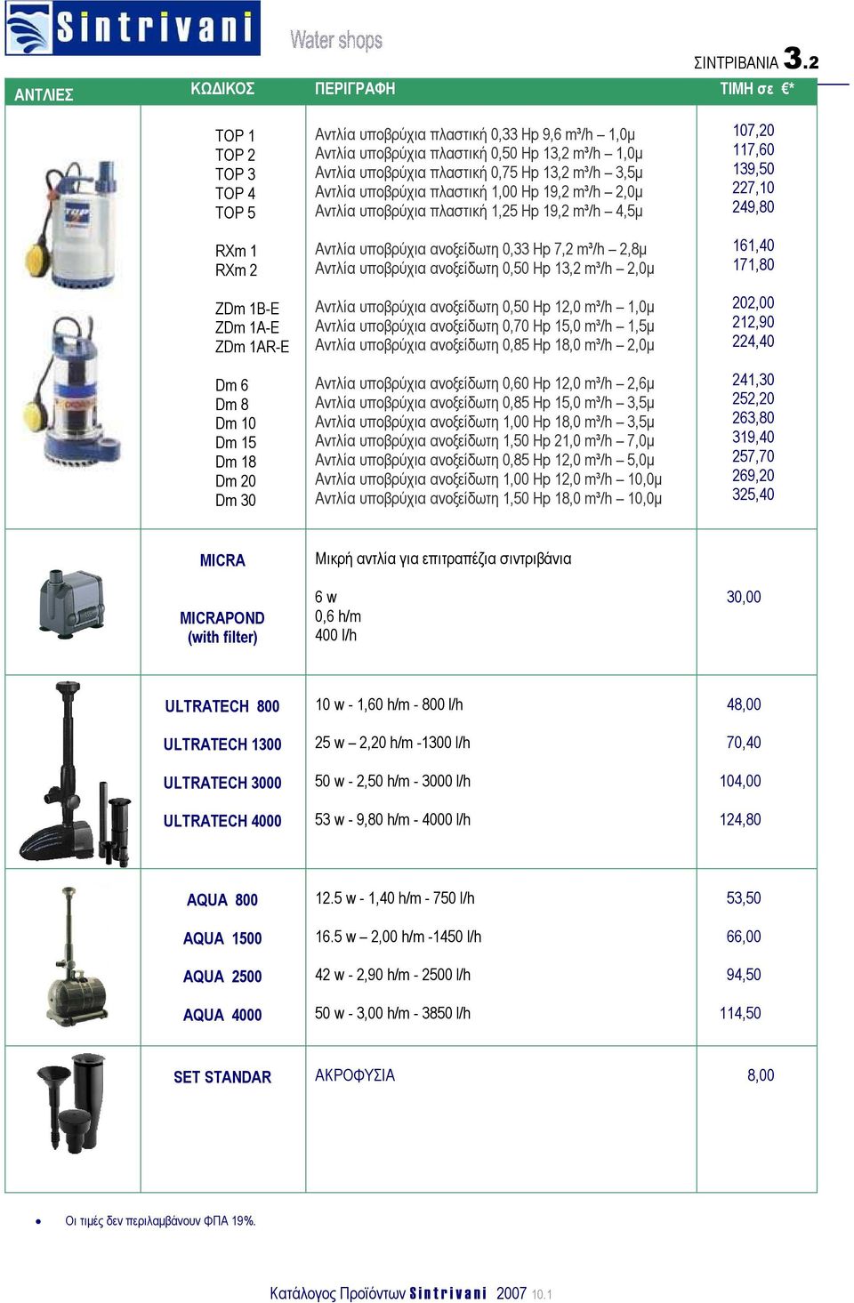 Αντλία υποβρύχια πλαστική 0,50 Hp 13,2 m³/h 1,0µ Αντλία υποβρύχια πλαστική 0,75 Hp 13,2 m³/h 3,5µ Αντλία υποβρύχια πλαστική 1,00 Hp 19,2 m³/h 2,0µ Αντλία υποβρύχια πλαστική 1,25 Hp 19,2 m³/h 4,5µ