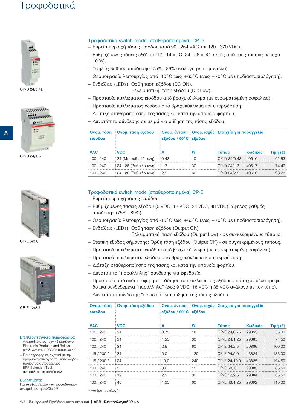 Θερμοκρασία λειτουργίας από -10 C έως +60 C (έως +70 C με υποδιαστασιολόγηση). Ενδείξεις (LEDs): Ορθή τάση εξόδου (DC ON). Ελλειμματική τάση εξόδου (DC Low).