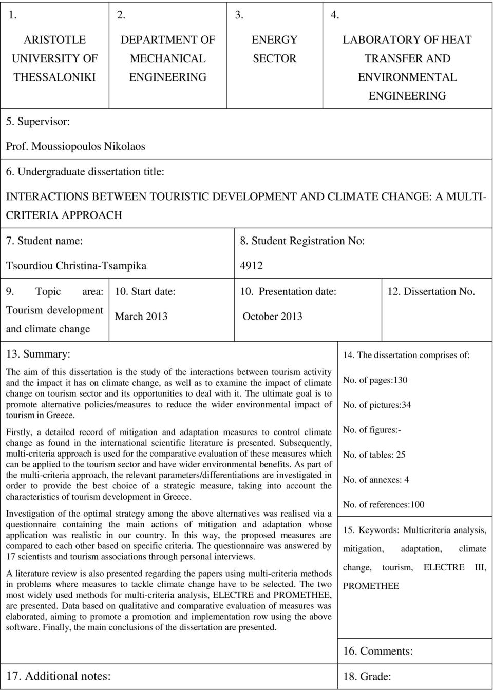 Student Registration No: 4912 9. Topic area: 10. Start date: 10. Presentation date: 12. Dissertation No. Tourism development and climate change March 2013 October 2013 13.