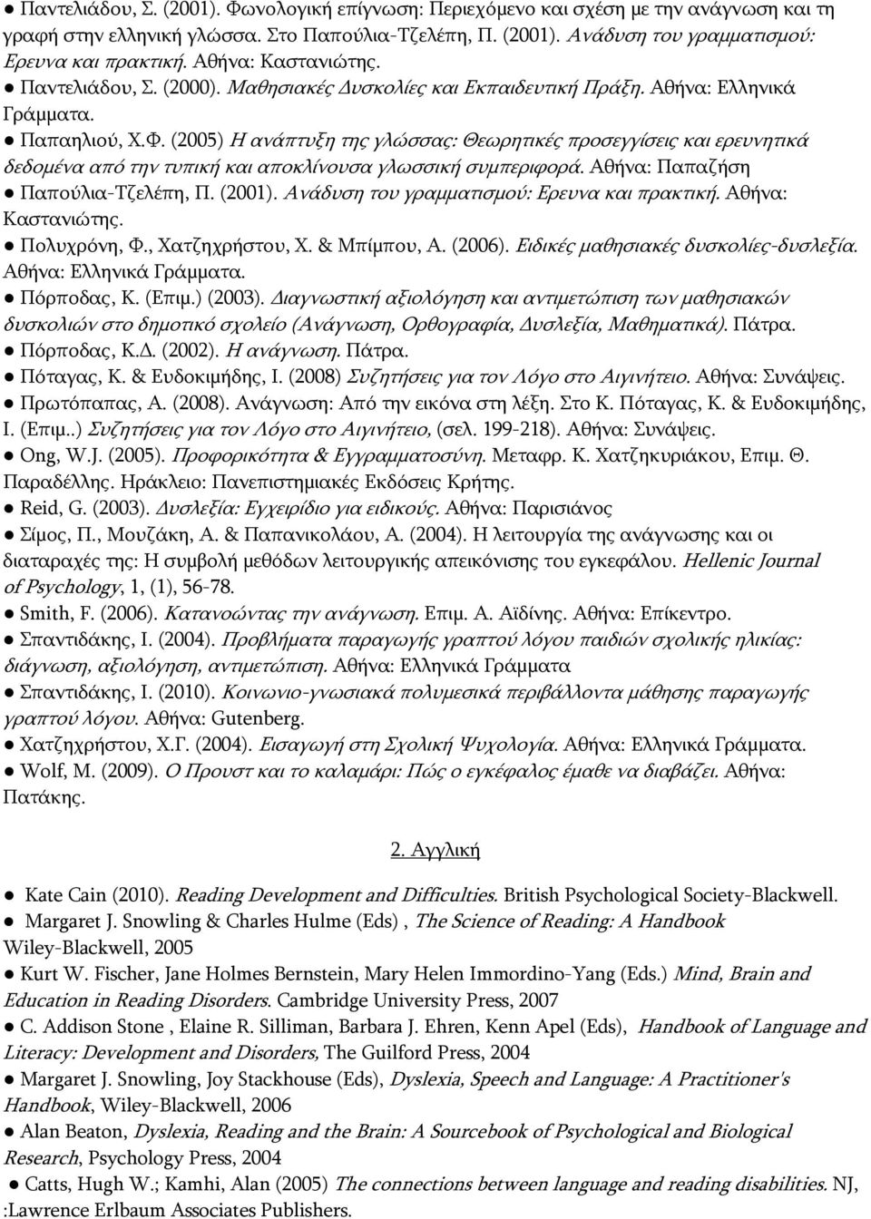 (2005) Η ανάπτυξη της γλώσσας: Θεωρητικές προσεγγίσεις και ερευνητικά δεδομένα από την τυπική και αποκλίνουσα γλωσσική συμπεριφορά. Αθήνα: Παπαζήση Παπούλια-Τζελέπη, Π. (2001).