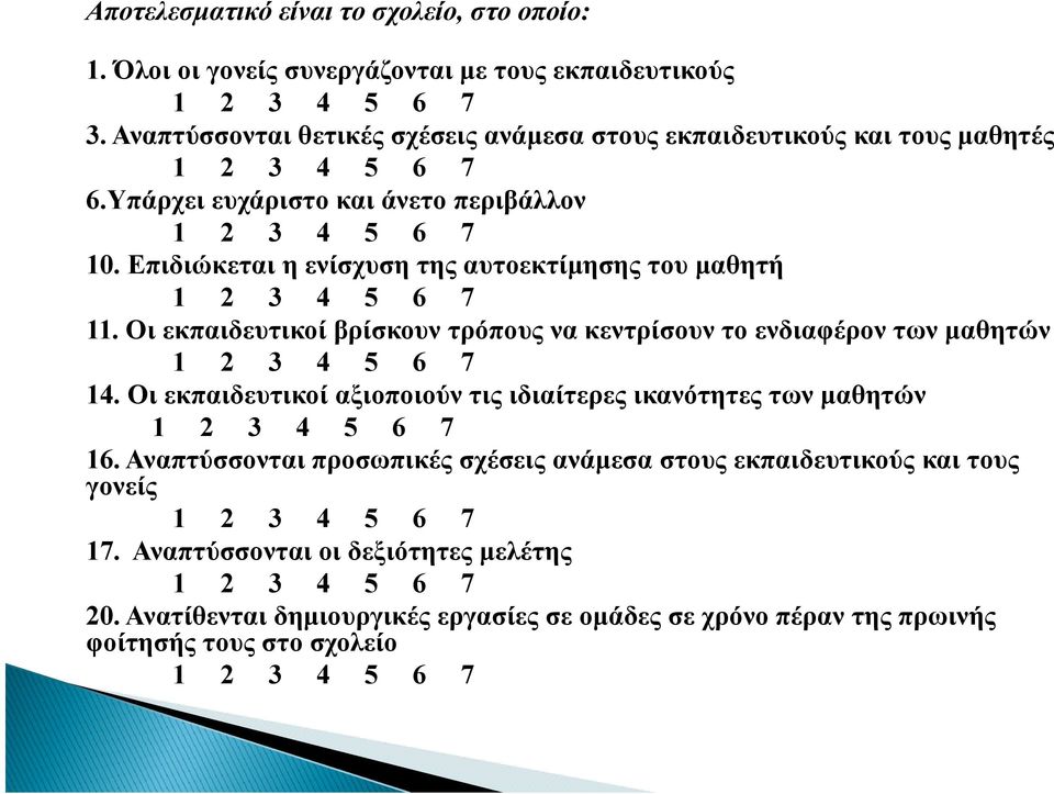 Επιδιώκεται η ενίσχυση της αυτοεκτίμησης ης του μαθητή 11. Οι εκπαιδευτικοί βρίσκουν τρόπους να κεντρίσουν το ενδιαφέρον των μαθητών 14.