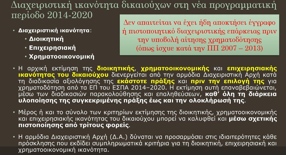 του δικαιούχου διενεργείται από την αρμόδια Διαχειριστική Αρχή κατά τη διαδικασία αξιολόγησης της εκάστοτε πράξης και πριν την επιλογή της για χρηματοδότηση από τα ΕΠ του ΕΣΠΑ 2014 2020.