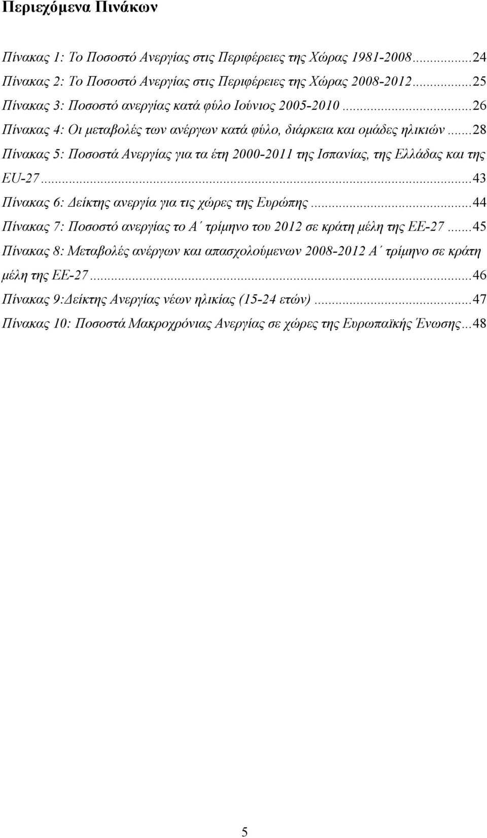 .. 28 Πίνακας 5: Ποσοστά Ανεργίας για τα έτη 2000-2011 της Ισπανίας, της Ελλάδας και της EU-27... 43 Πίνακας 6: Δείκτης ανεργία για τις χώρες της Ευρώπης.