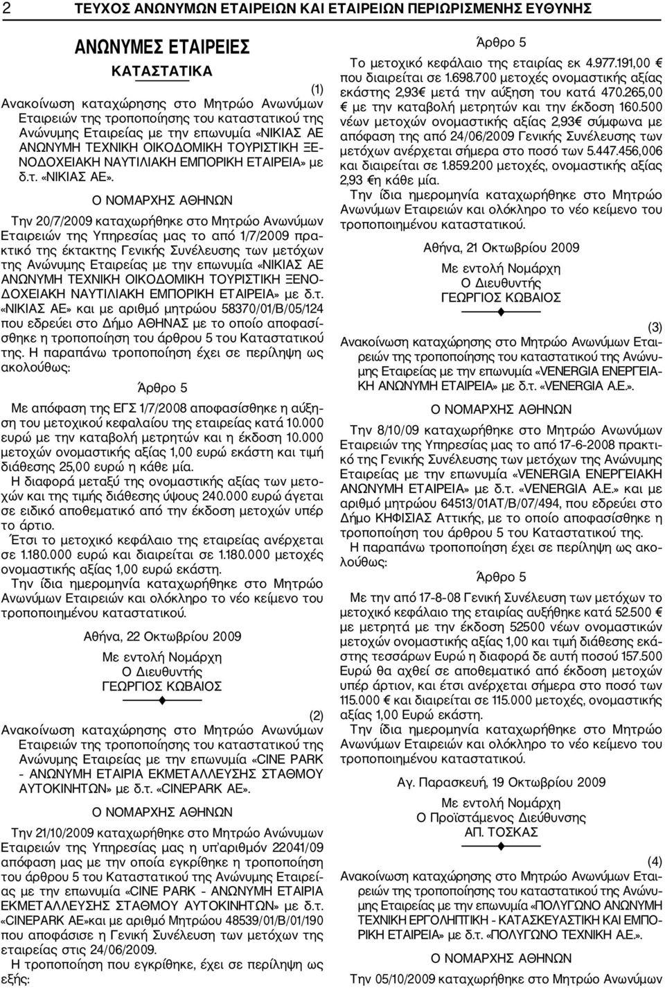 Την 20/7/2009 καταχωρήθηκε στο Μητρώο Ανωνύμων Εταιρειών της Υπηρεσίας μας το από 1/7/2009 πρα κτικό της έκτακτης Γενικής Συνέλευσης των μετόχων της Ανώνυμης Εταιρείας με την επωνυμία «ΝΙΚΙΑΣ ΑΕ