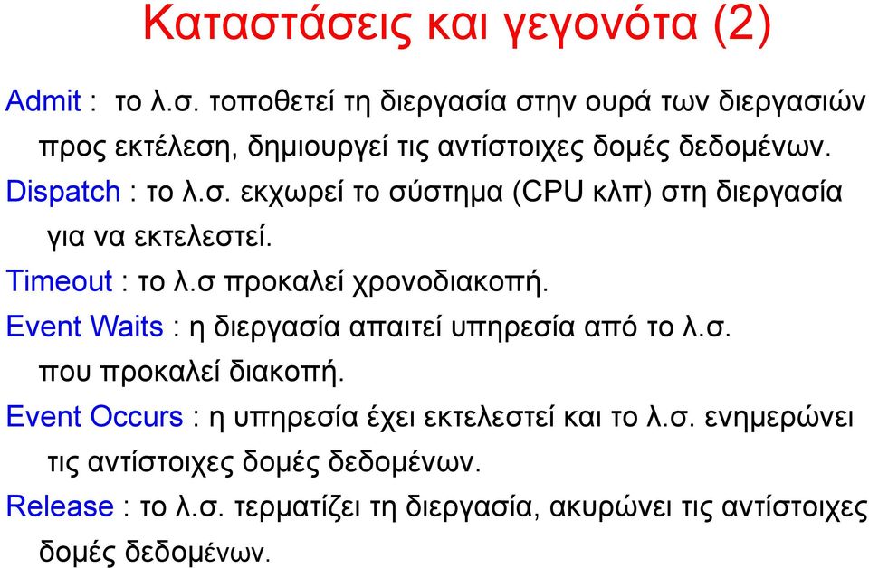 Event Waits : η διεργασία απαιτεί υπηρεσία από το λ.σ. που προκαλεί διακοπή. Event Occurs : η υπηρεσία έχει εκτελεστεί και το λ.σ. ενημερώνει τις αντίστοιχες δομές δεδομένων.