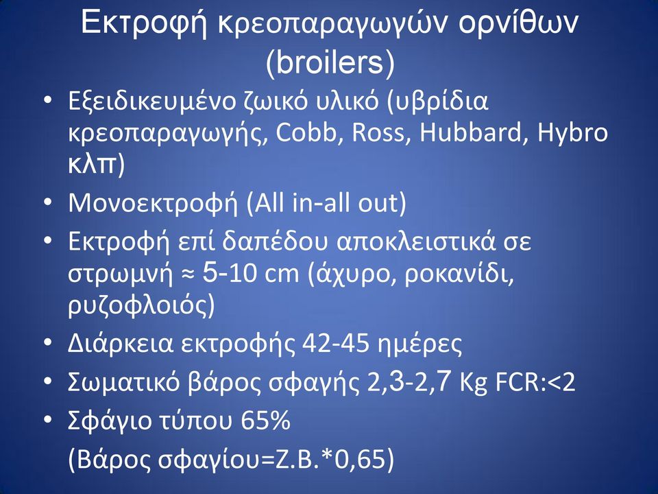 επί δαπέδου αποκλειστικά σε στρωμνή 5-10 cm (άχυρο, ροκανίδι, ρυζοφλοιός) Διάρκεια