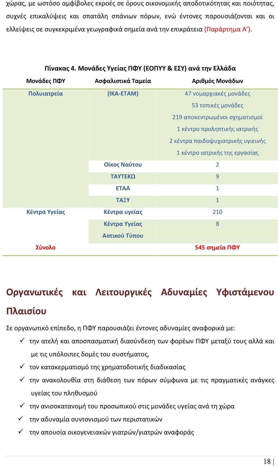 Μονάδες Υγείας ΠΦΥ (ΕΟΠΥΥ & ΕΣΥ) ανά την Ελλάδα Μονάδες ΠΦΥ Ασφαλιστικά Ταμεία Αριθμός Μονάδων Πολυιατρεία (ΙΚΑ-ΕΤΑΜ) 47 νομαρχιακές μονάδες 53 τοπικές μονάδες 219 αποκεντρωμένοι σχηματισμοί 1 κέντρο