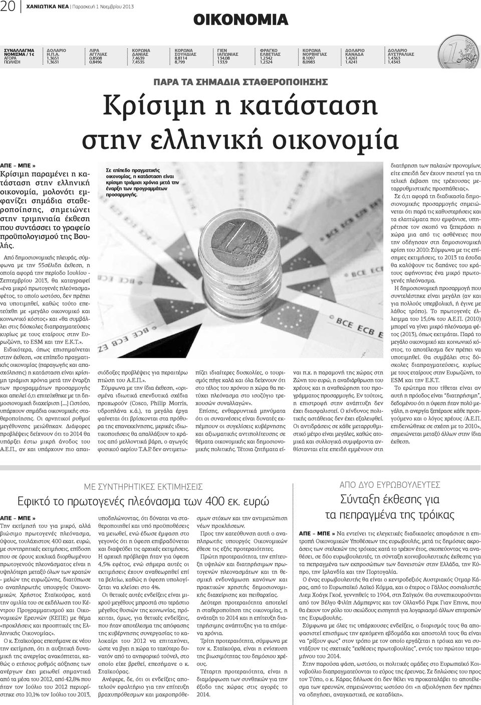 ΝΕΑ Παρασκευή 1 Νοεμβρίου 2013 ΟΙΚΟΝΟΜΙΑ ΣΥΝΑΛΛΑΓΜΑ ΝΟΜΙΣΜΑ / 1 ΑΓΟΡΑ ΠΩΛΗΣΗ ΔΟΛΑΡΙΟ Η.Π.Α. 1,3651 1,3631 ΛΙΡΑ ΑΓΓΛΙΑΣ 0,8508 0,8496 ΚΟΡΩΝΑ ΔΑΝΙΑΣ 7,4639 7,4535 ΚΟΡΩΝΑ ΣΟΥΗΔΙΑΣ 8,8114 8,799 ΓΙΕΝ