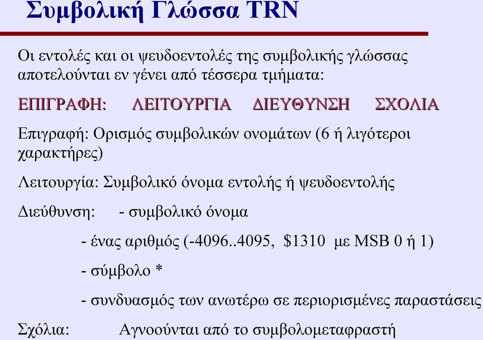 Λειτουργία: Συμβολικό όνομα εντολής ή ψευδοεντολής Διεύθυνση: Σχόλια: - συμβολικό όνομα - ένας αριθμός (-4096.