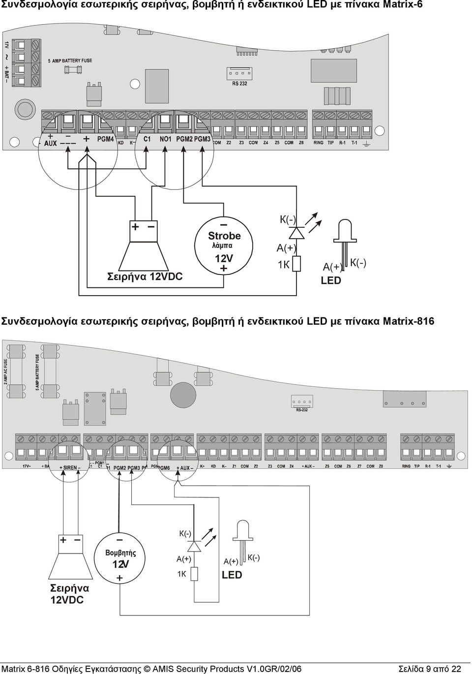 βομβητή ή ενδεικτικού LED με πίνακα Matrix-816 К(-) Σειρήνα 12VDC Βομβητής V 12 А(+) 1К
