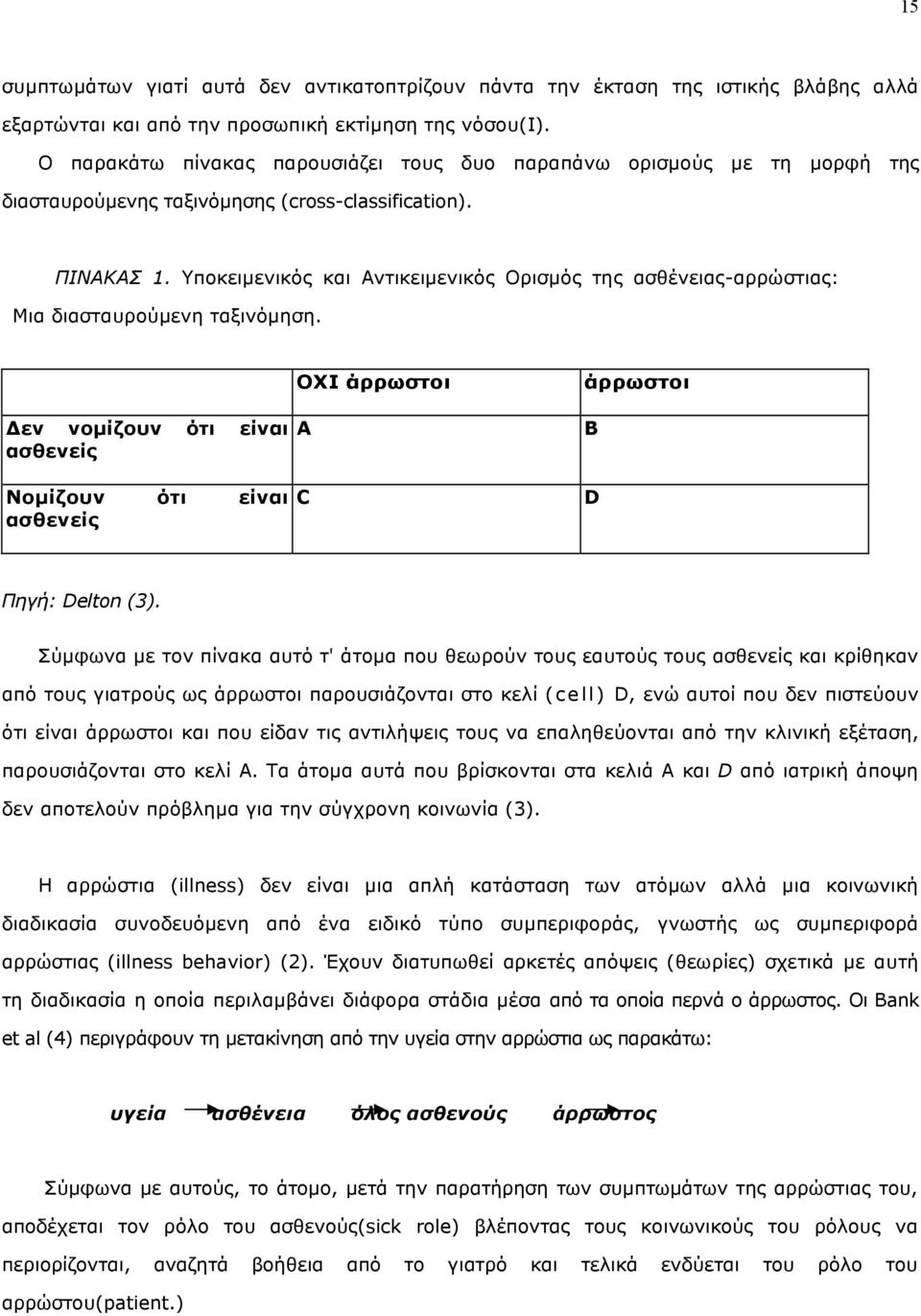 Υποκειµενικός και Αντικειµενικός Ορισµός της ασθένειας-αρρώστιας: Μια διασταυρούµενη ταξινόµηση.