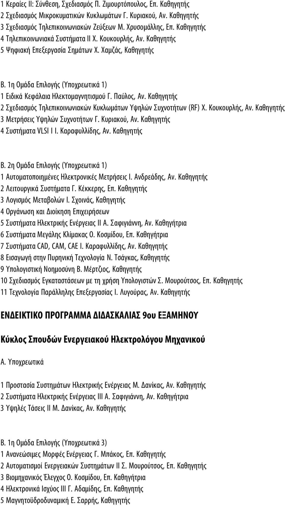 Παύλος, Αν. Καθηγητής 2 Σχεδιασμός Τηλεπικοινωνιακών Κυκλωμάτων Υψηλών Συχνοτήτων (RF) Χ. Κουκουρλής, Αν. Καθηγητής 3 Μετρήσεις Υψηλών Συχνοτήτων Γ. Κυριακού, Αν. Καθηγητής 4 Συστήματα VLSI I Ι.