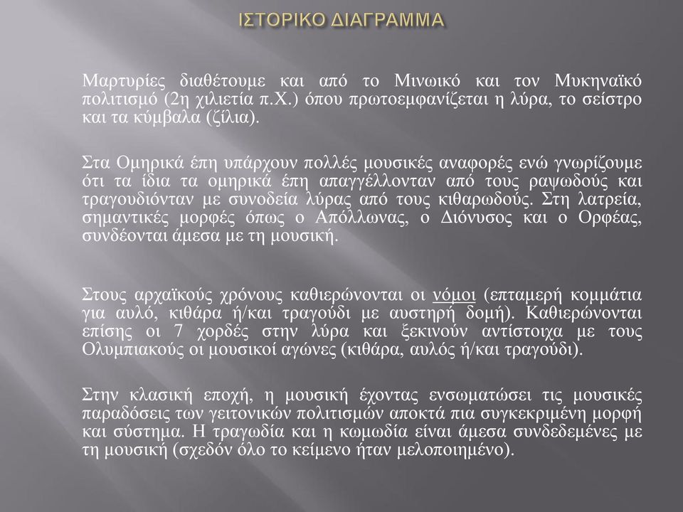 Στη λατρεία, σημαντικές μορφές όπως ο Απόλλωνας, ο Διόνυσος και ο Ορφέας, συνδέονται άμεσα με τη μουσική.