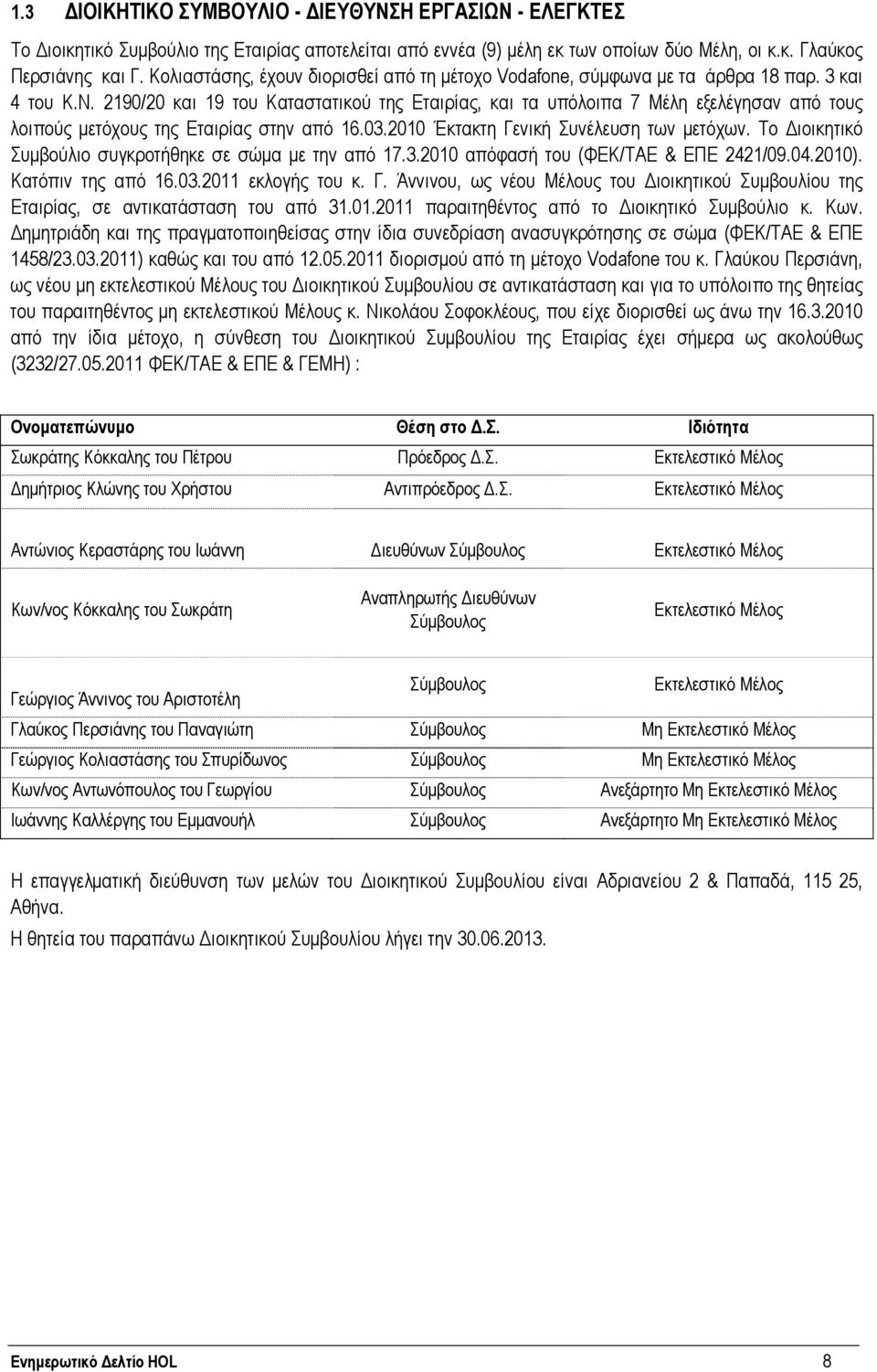 2190/20 και 19 του Καταστατικού της Εταιρίας, και τα υπόλοιπα 7 Μέλη εξελέγησαν από τους λοιπούς μετόχους της Εταιρίας στην από 16.03.2010 Έκτακτη Γενική Συνέλευση των μετόχων.