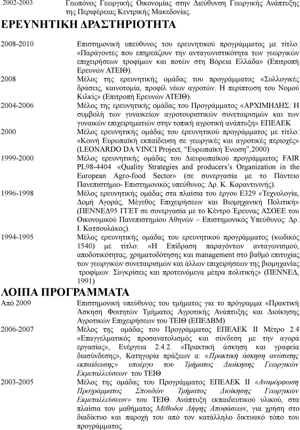 Βόρεια Ελλάδα» (Επιτροπή Ερευνών ΑΤΕΙΘ). 2008 Μέλος της ερευνητικής ομάδας του προγράμματος «Συλλογικές δράσεις, καινοτομία, προφίλ νέων αγροτών.