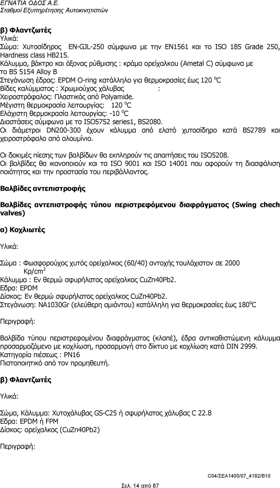 χάλυβας : Χειροστρόφαλος: Πλαστικός από Polyamide. Μέγιστη θερµοκρασία λειτουργίας: 120 o C Ελάχιστη θερµοκρασία λειτουργίας: -10 o C ιαστάσεις σύµφωνα µε τα ISO5752 series1, BS2080.