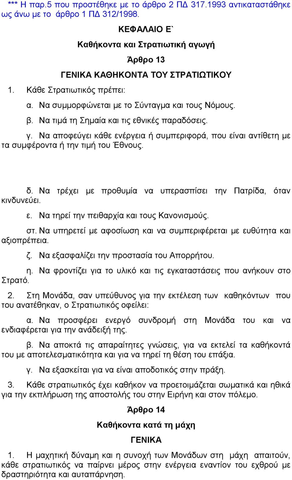 Να αποφεύγει κάθε ενέργεια ή συμπεριφορά, που είναι αντίθετη με τα συμφέροντα ή την τιμή του Έθνους. δ. Να τρέχει με προθυμία να υπερασπίσει την Πατρίδα, όταν κινδυνεύει. ε. Να τηρεί την πειθαρχία και τους Κανονισμούς.