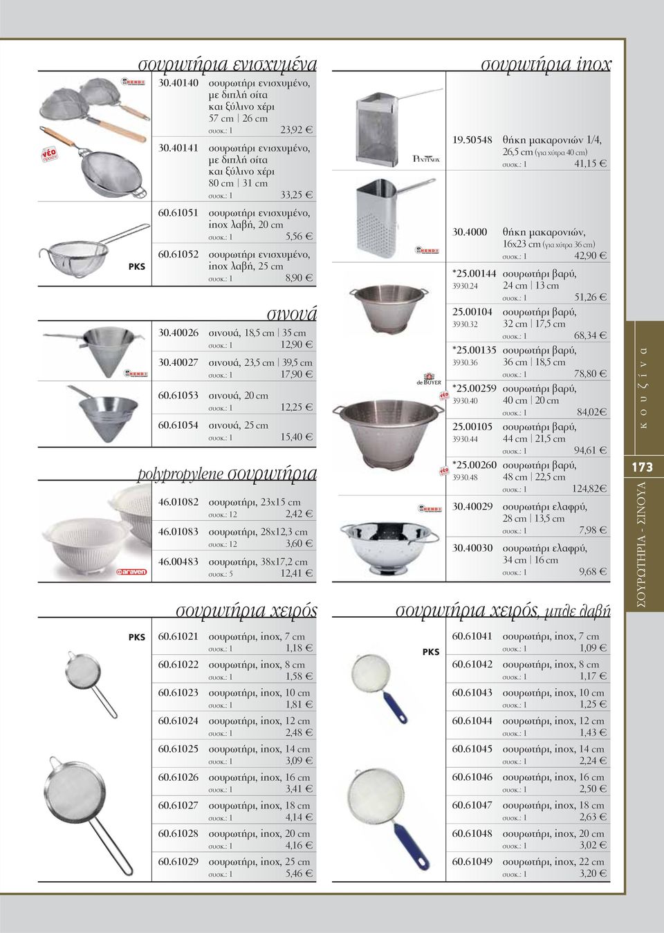 61053 σινουά, 20 cm 12,25 60.61054 σινουά, 25 cm 15,40 polypropylene σουρωτήρια 46.01082 σουρωτήρι, 23x15 cm 2 2,42 46.01083 σουρωτήρι, 28x12,3 cm 2 3,60 46.00483 σουρωτήρι, 38x17,2 cm συσκ.