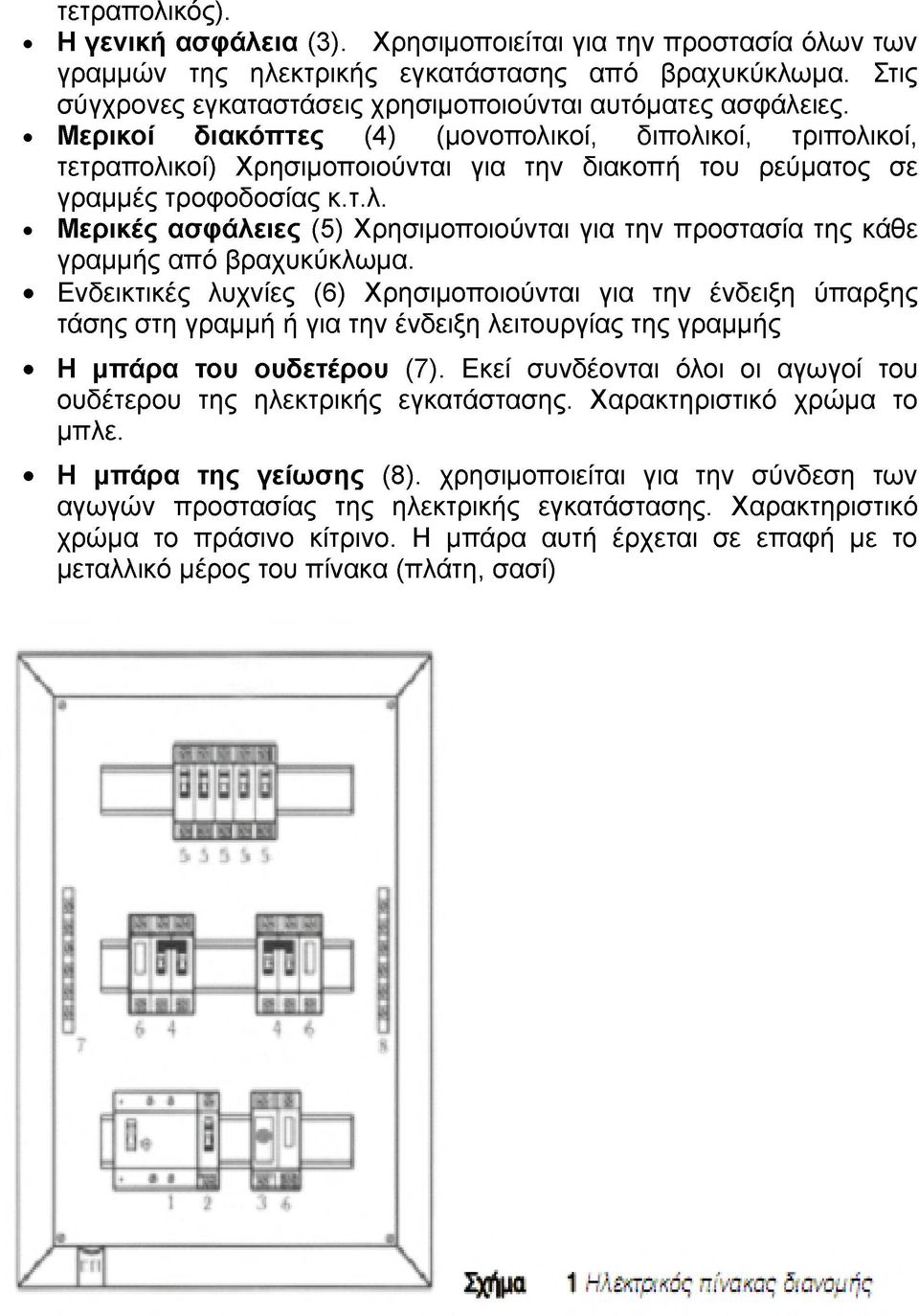 Μερικοί διακόπτες (4) (μονοπολικοί, διπολικοί, τριπολικοί, τετραπολικοί) Χρησιμοποιούνται για την διακοπή του ρεύματος σε γραμμές τροφοδοσίας κ.τ.λ. Μερικές ασφάλειες (5) Χρησιμοποιούνται για την προστασία της κάθε γραμμής από βραχυκύκλωμα.